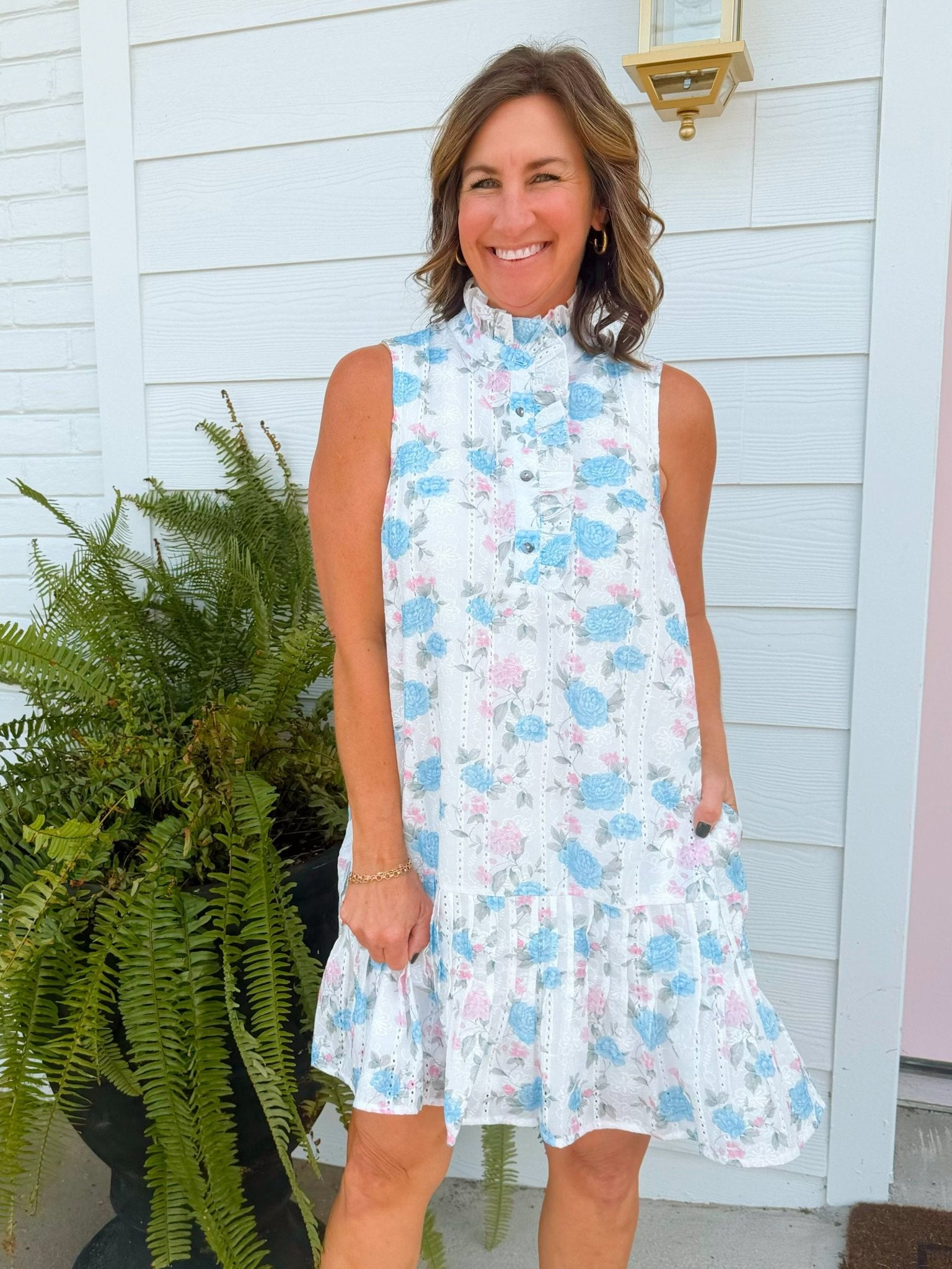 Blue Pink Floral Ruffle Neck Mini Dress