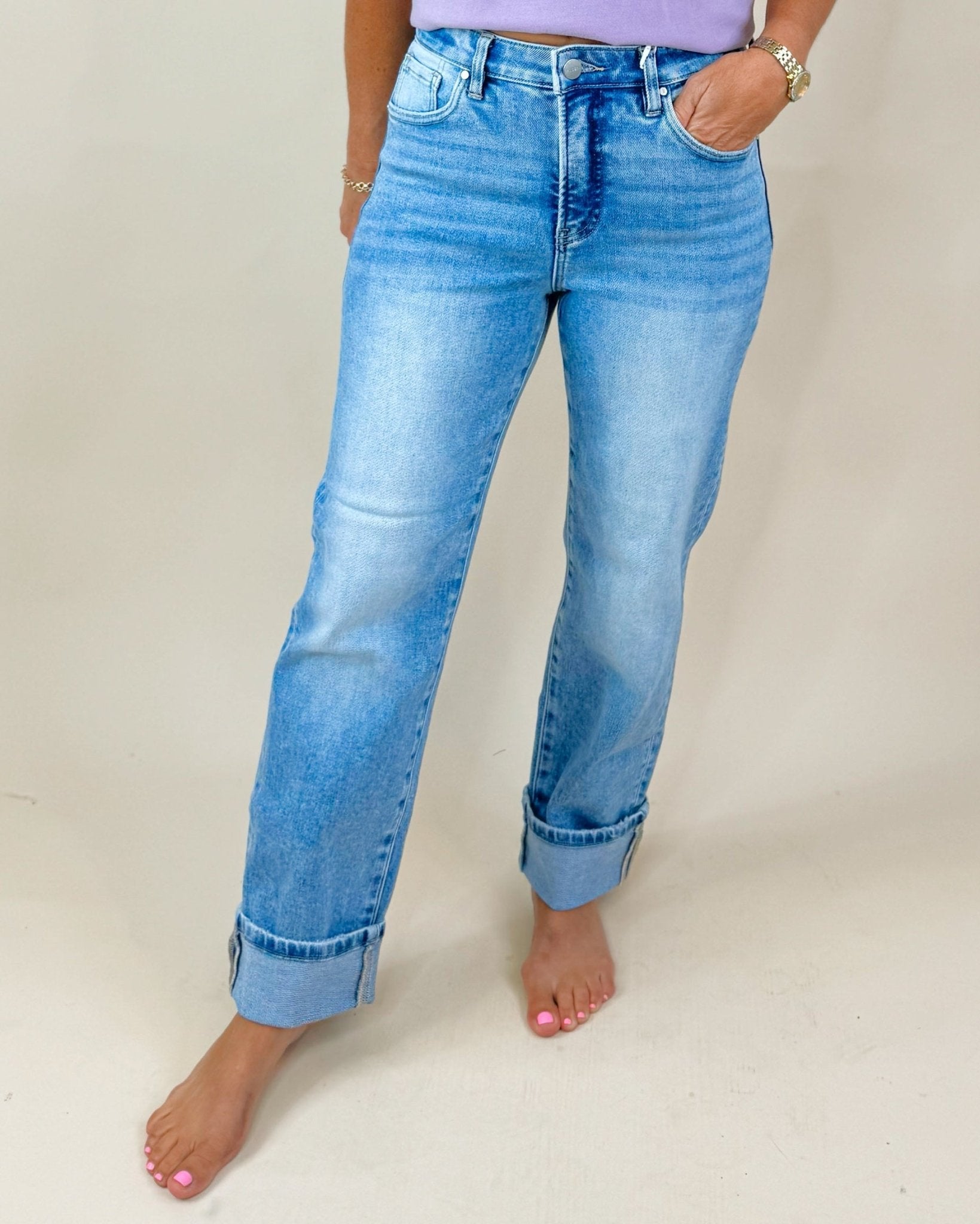 Stonewash Tummy Control Cuffed Crop Jeans - Jessi Jayne Boutique