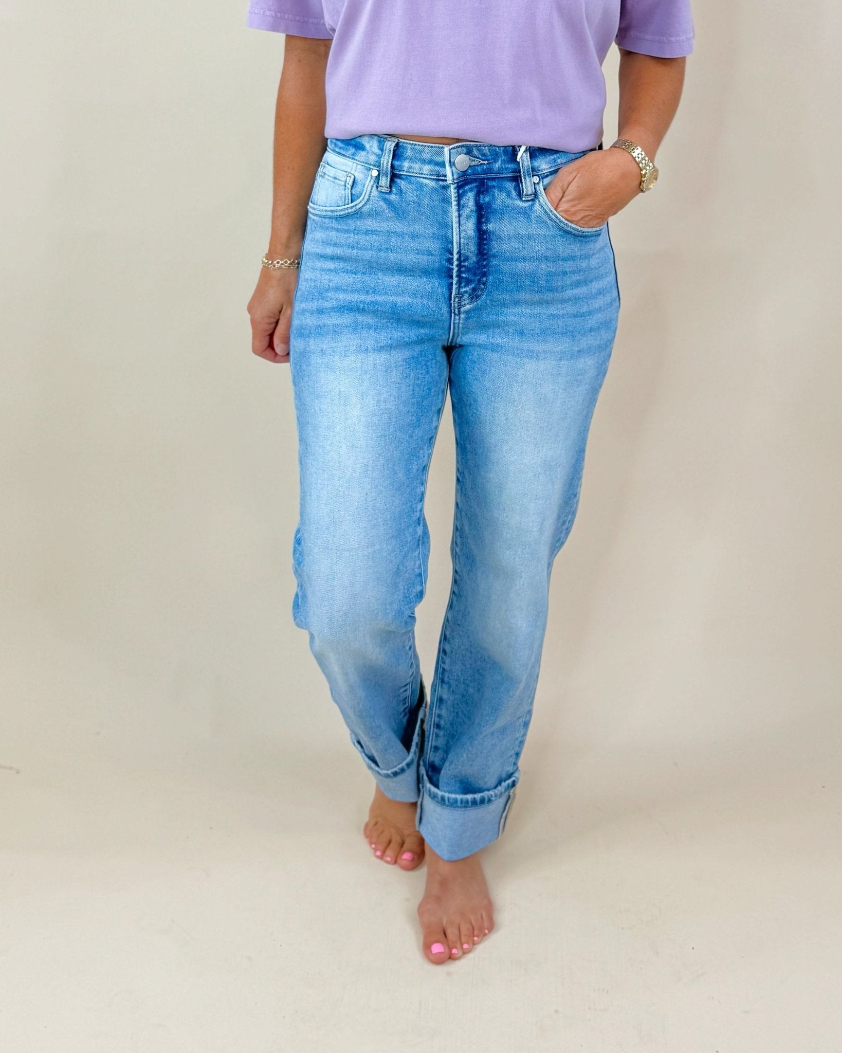 Stonewash Tummy Control Cuffed Crop Jeans - Jessi Jayne Boutique