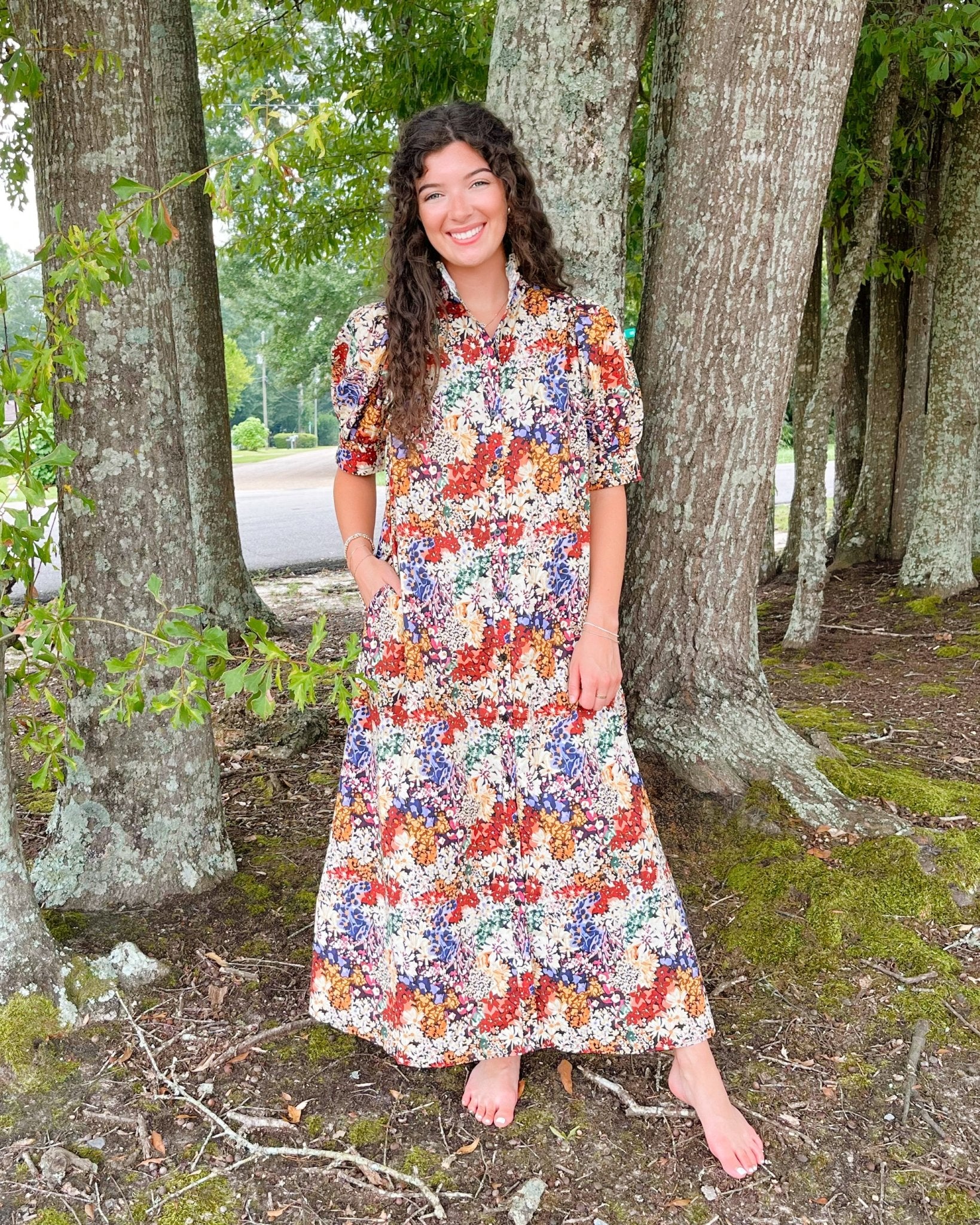 Patchwork Bloom High - Neck Midi Dress - Jessi Jayne Boutique
