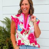 Pink Tropical Floral Flutter Sleeve Top