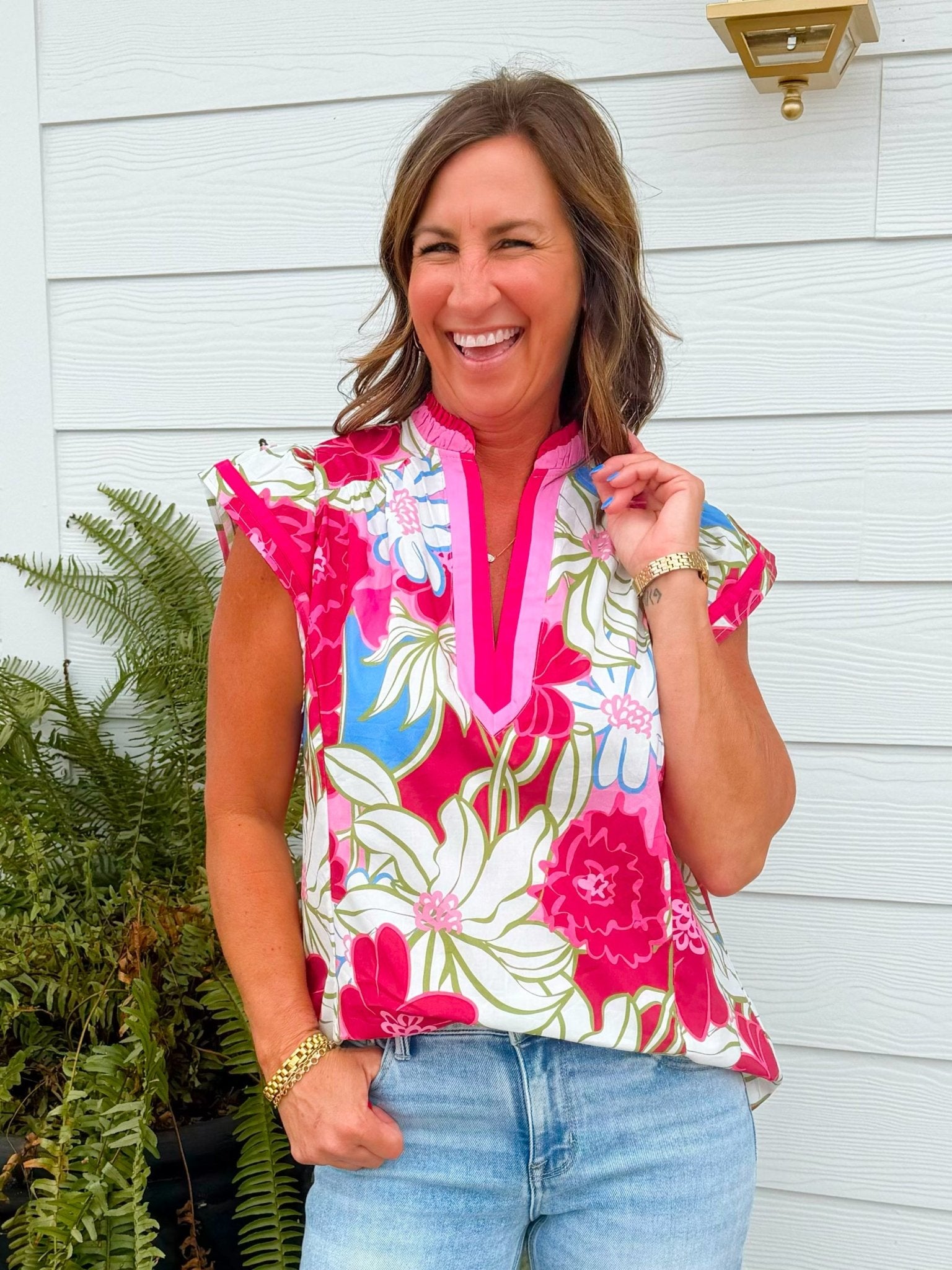 Pink Tropical Floral Flutter Sleeve Top - Jessi Jayne Boutique