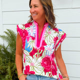 Pink Tropical Floral Flutter Sleeve Top