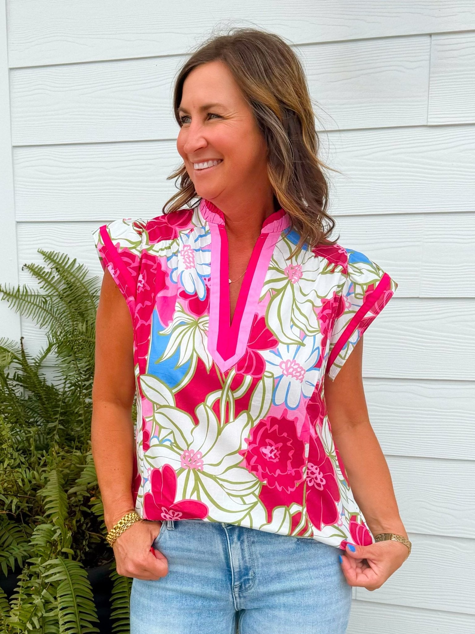 Pink Tropical Floral Flutter Sleeve Top - Jessi Jayne Boutique