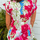 Pink Tropical Floral Flutter Sleeve Top