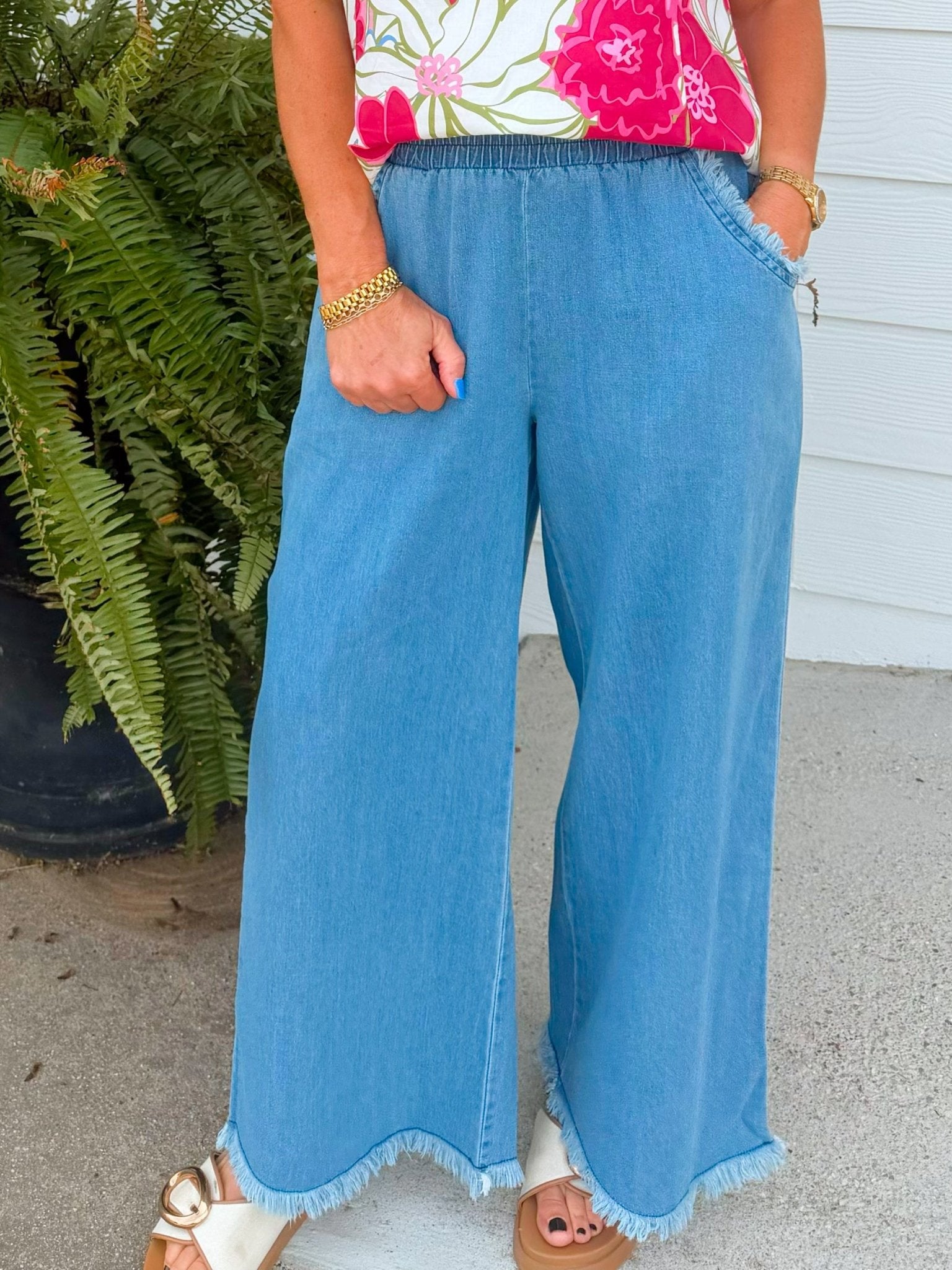 Light Denim Frayed Hem Wide Leg Pants - Jessi Jayne Boutique