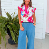 Light Denim Frayed Hem Wide Leg Pants