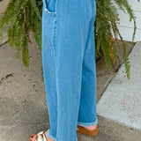 Light Denim Frayed Hem Wide Leg Pants