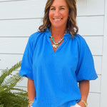 Ocean Blue Textured Puff Sleeve Top - Jessi Jayne Boutique