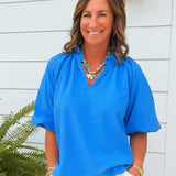 Ocean Blue Textured Puff Sleeve Top - Jessi Jayne Boutique