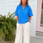 Ocean Blue Textured Puff Sleeve Top - Jessi Jayne Boutique