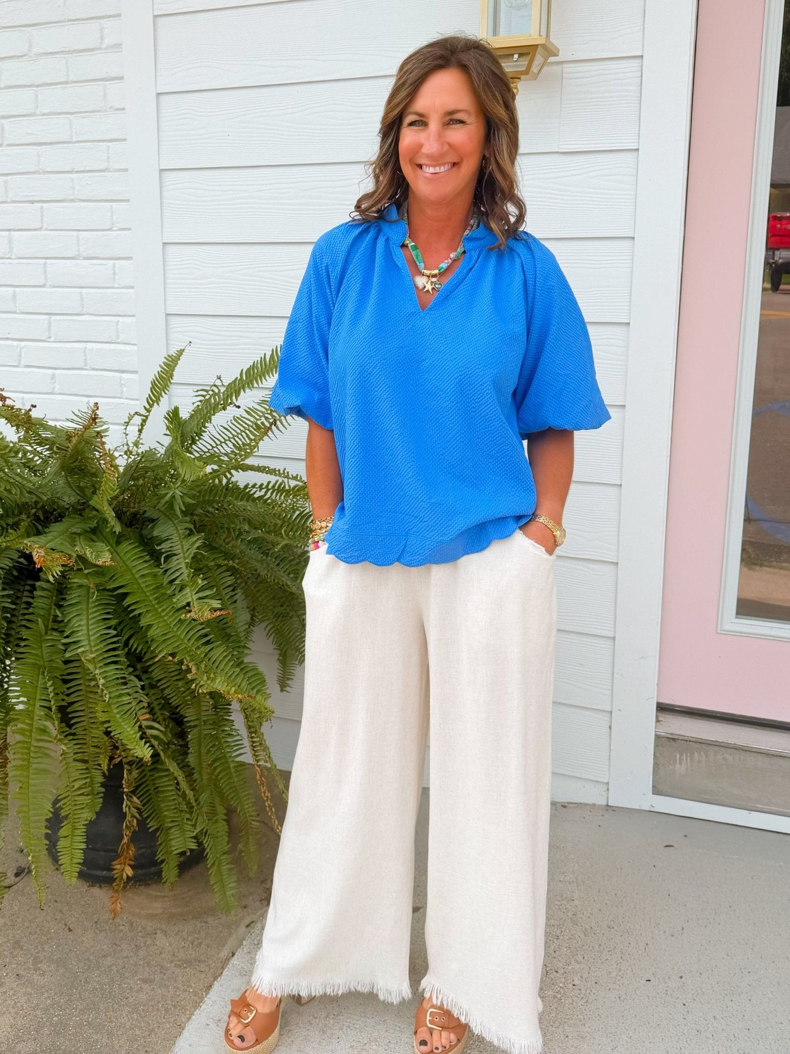 Ocean Blue Textured Puff Sleeve Top - Jessi Jayne Boutique