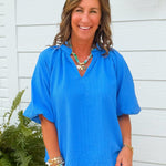 Ocean Blue Textured Puff Sleeve Top - Jessi Jayne Boutique