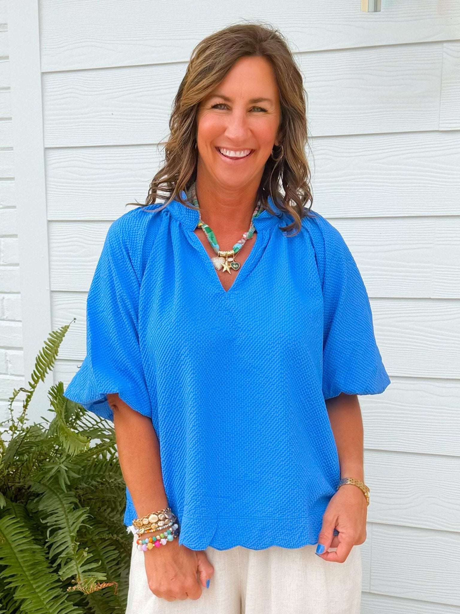 Ocean Blue Textured Puff Sleeve Top - Jessi Jayne Boutique
