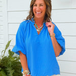 Ocean Blue Textured Puff Sleeve Top - Jessi Jayne Boutique