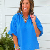 Ocean Blue Textured Puff Sleeve Top - Jessi Jayne Boutique