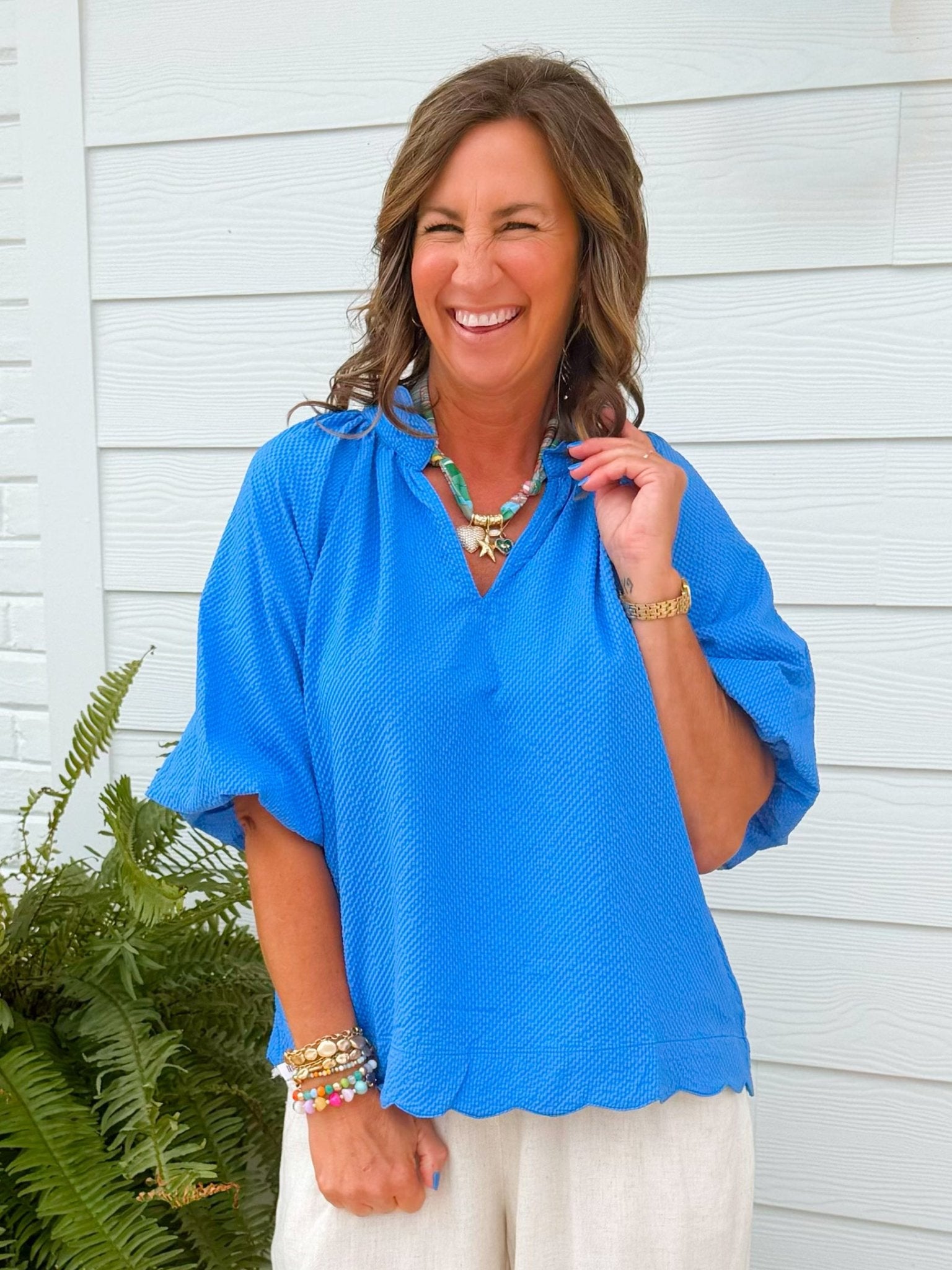 Ocean Blue Textured Puff Sleeve Top - Jessi Jayne Boutique
