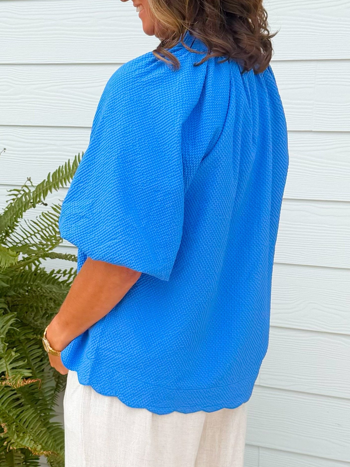 Ocean Blue Textured Puff Sleeve Top - Jessi Jayne Boutique