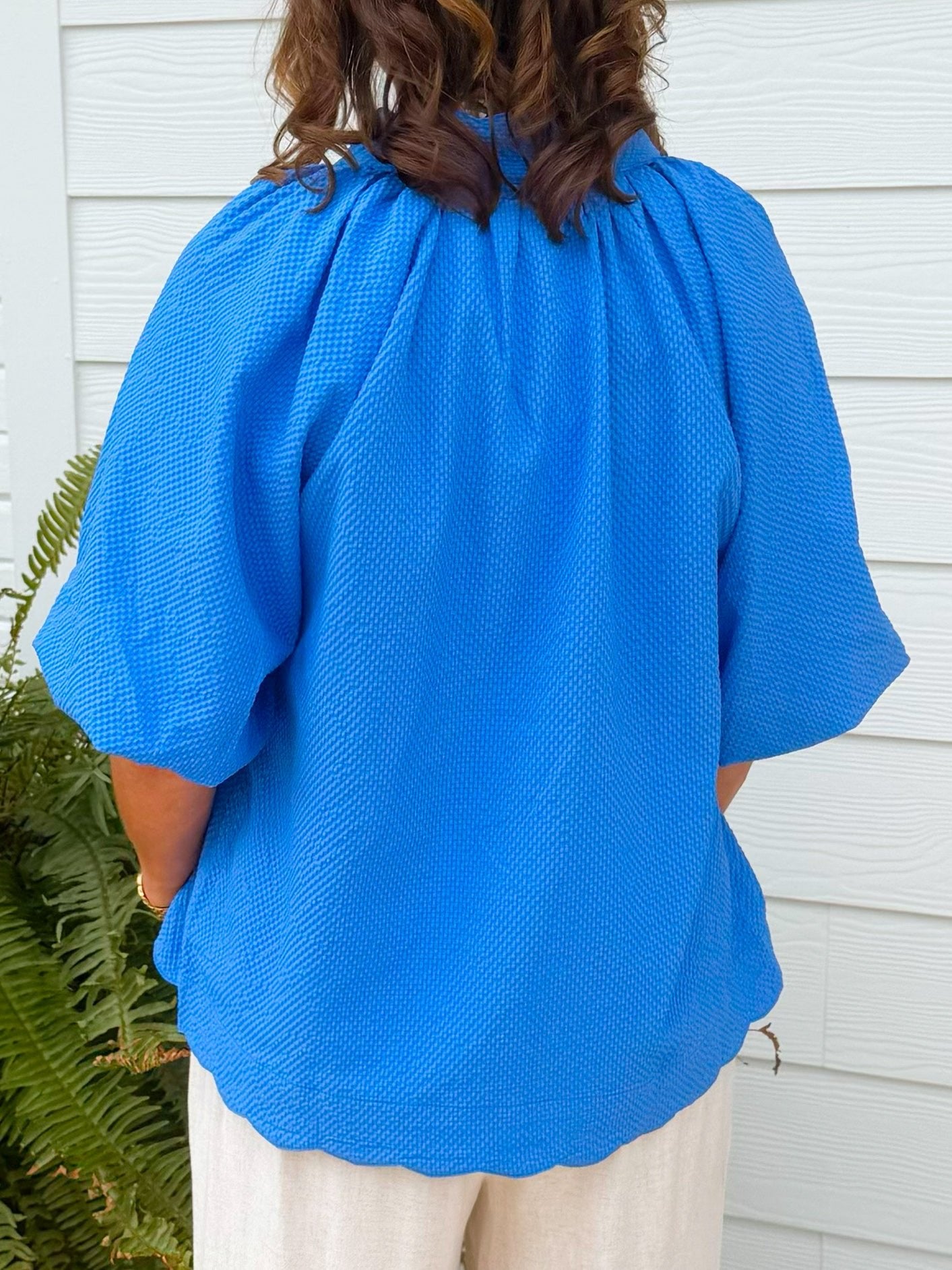Ocean Blue Textured Puff Sleeve Top - Jessi Jayne Boutique