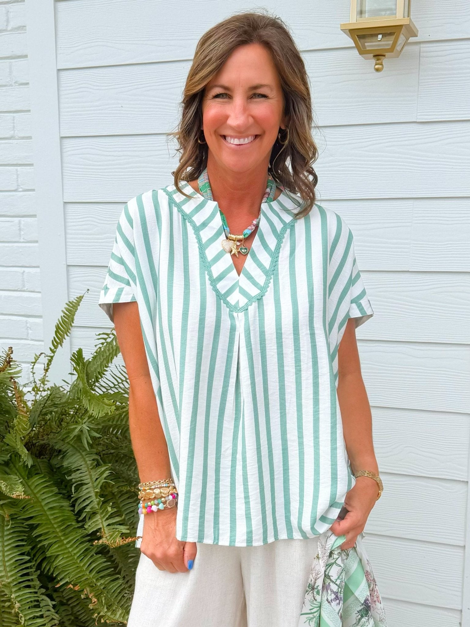 Mint Stripe Lace Trim Oversized Top - Jessi Jayne Boutique