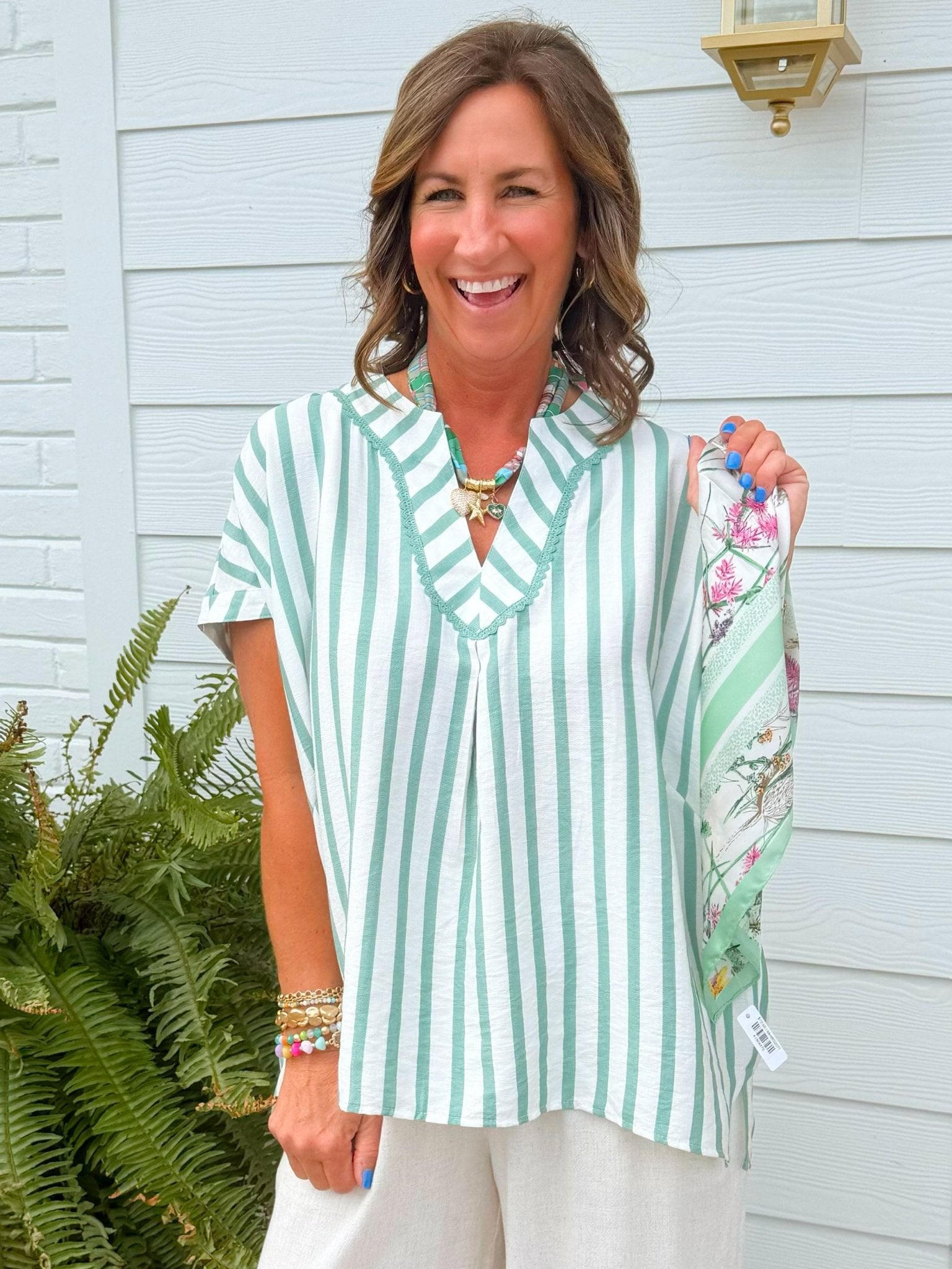 Mint Stripe Lace Trim Oversized Top - Jessi Jayne Boutique