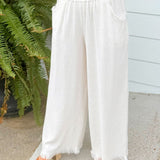 Oatmeal Linen Blend Frayed Hem Wide Leg Pants