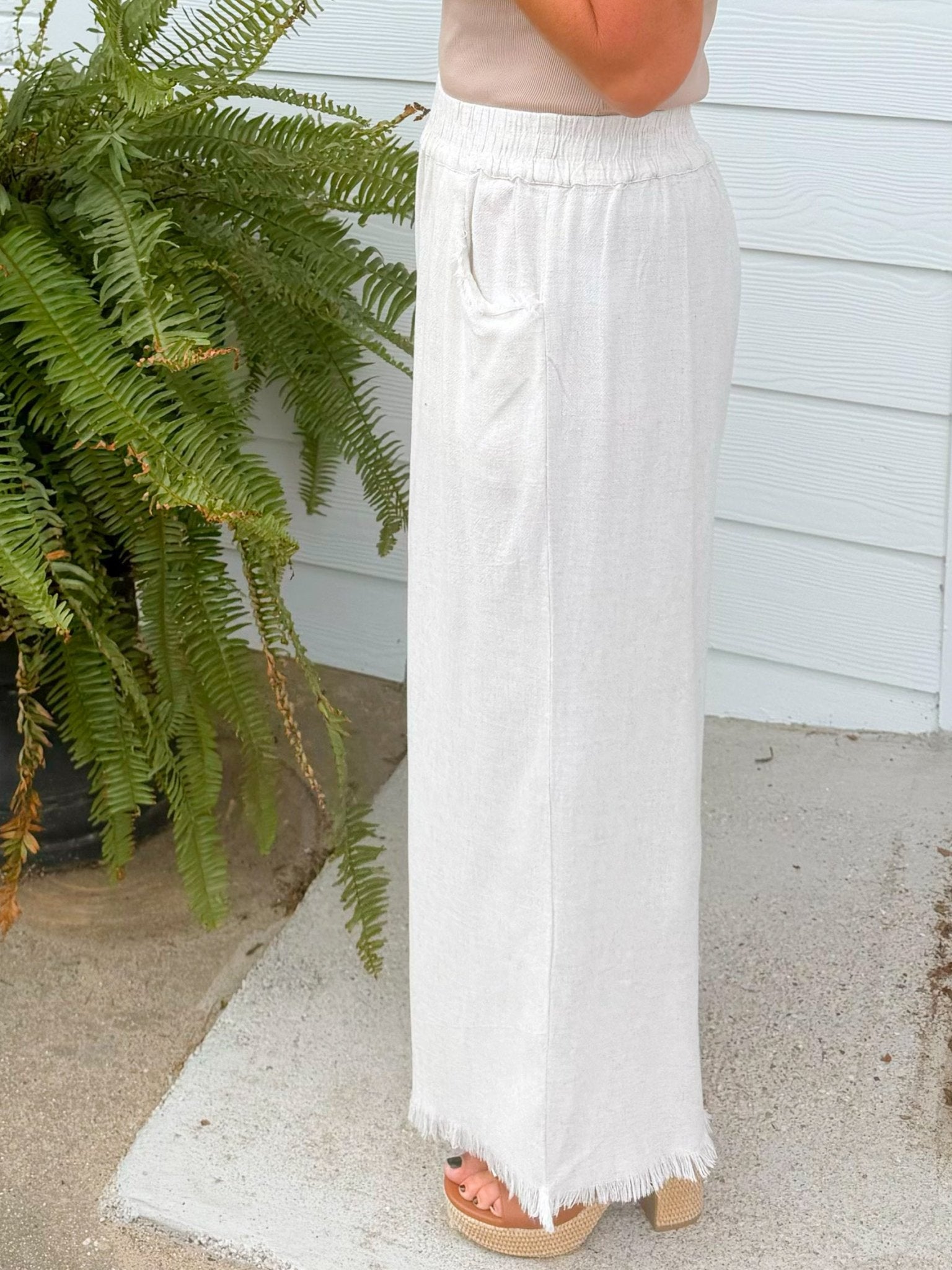 Oatmeal Linen Blend Frayed Hem Wide Leg Pants - Jessi Jayne Boutique