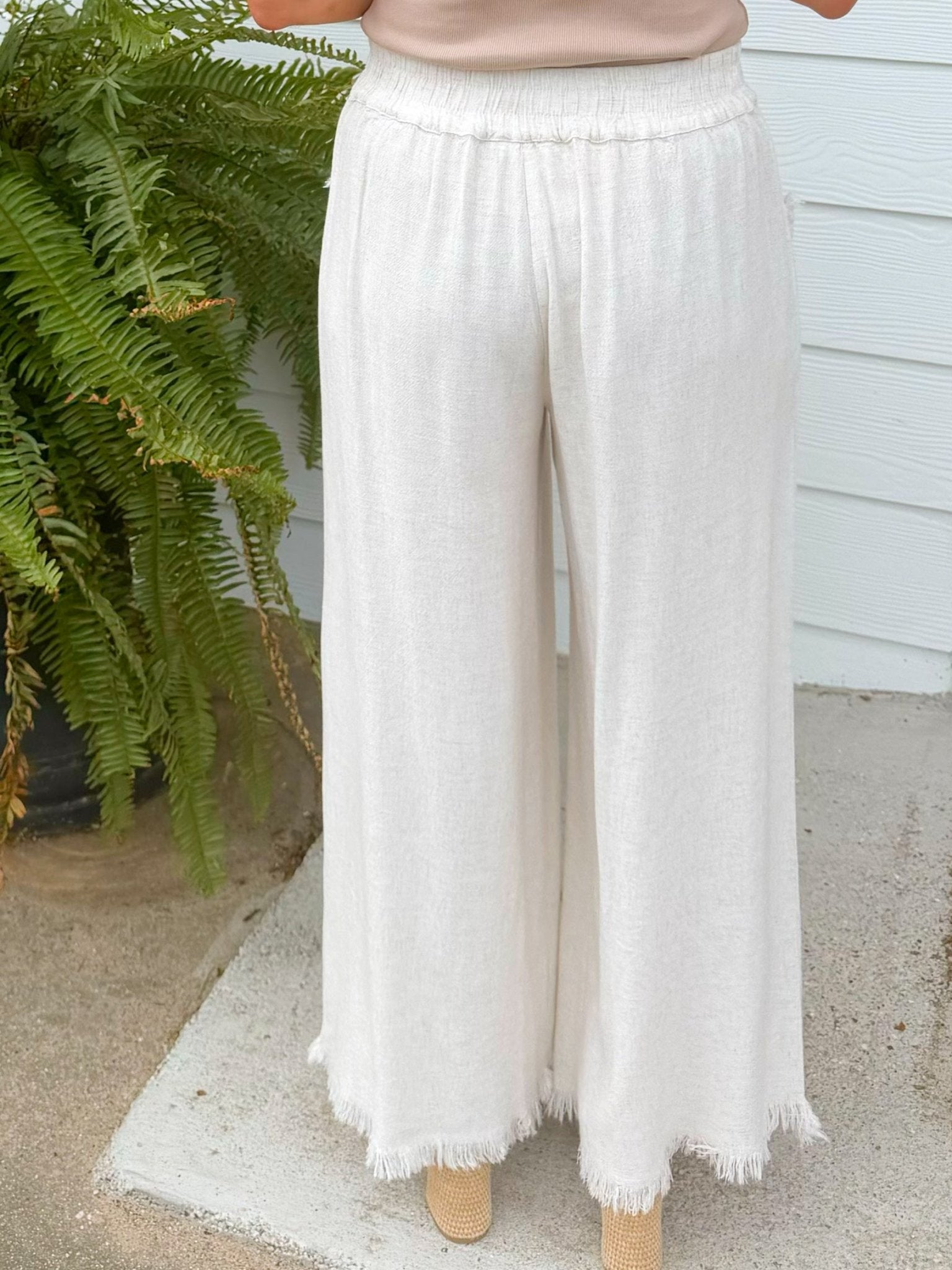 Oatmeal Linen Blend Frayed Hem Wide Leg Pants - Jessi Jayne Boutique