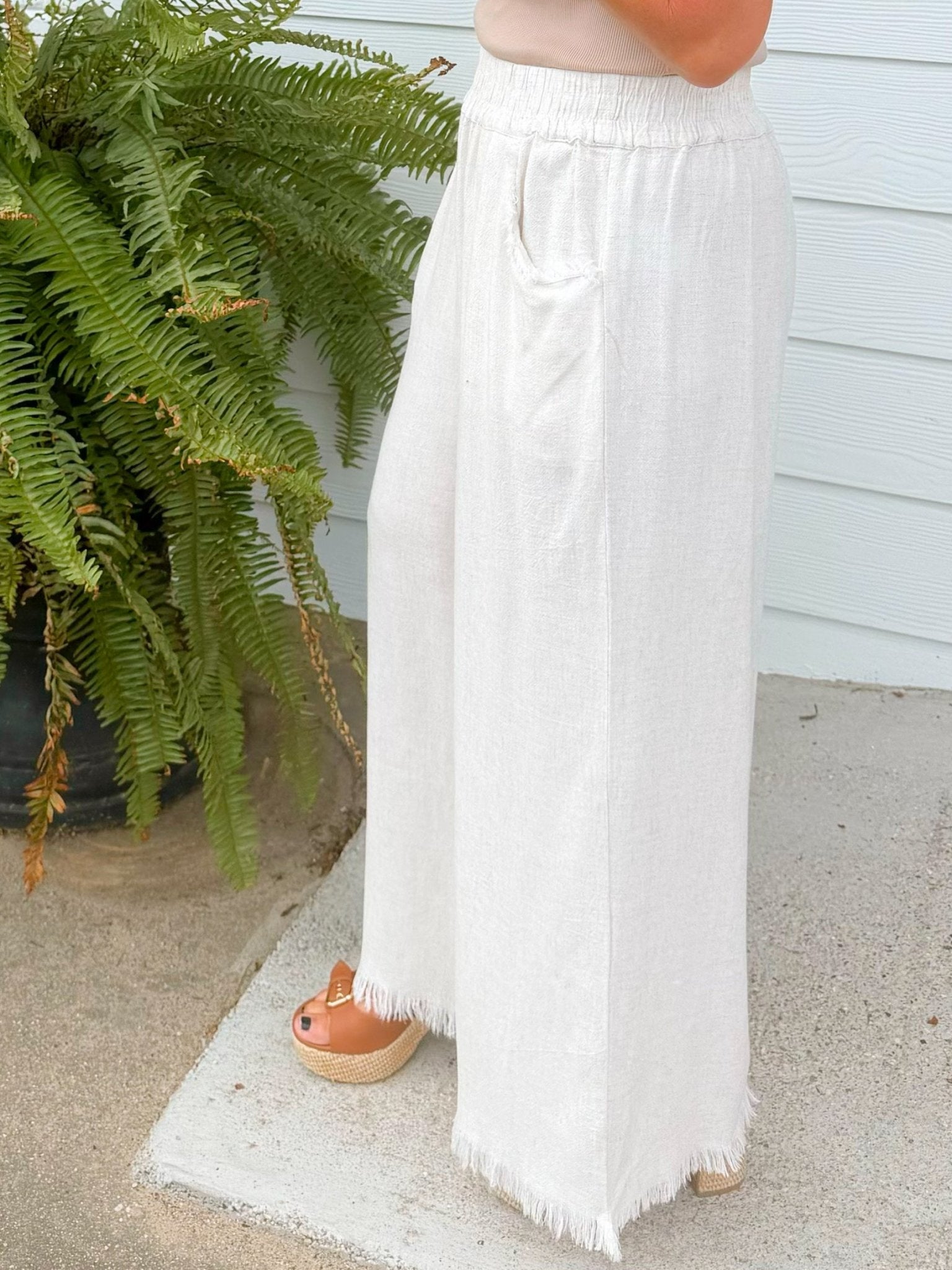 Oatmeal Linen Blend Frayed Hem Wide Leg Pants - Jessi Jayne Boutique
