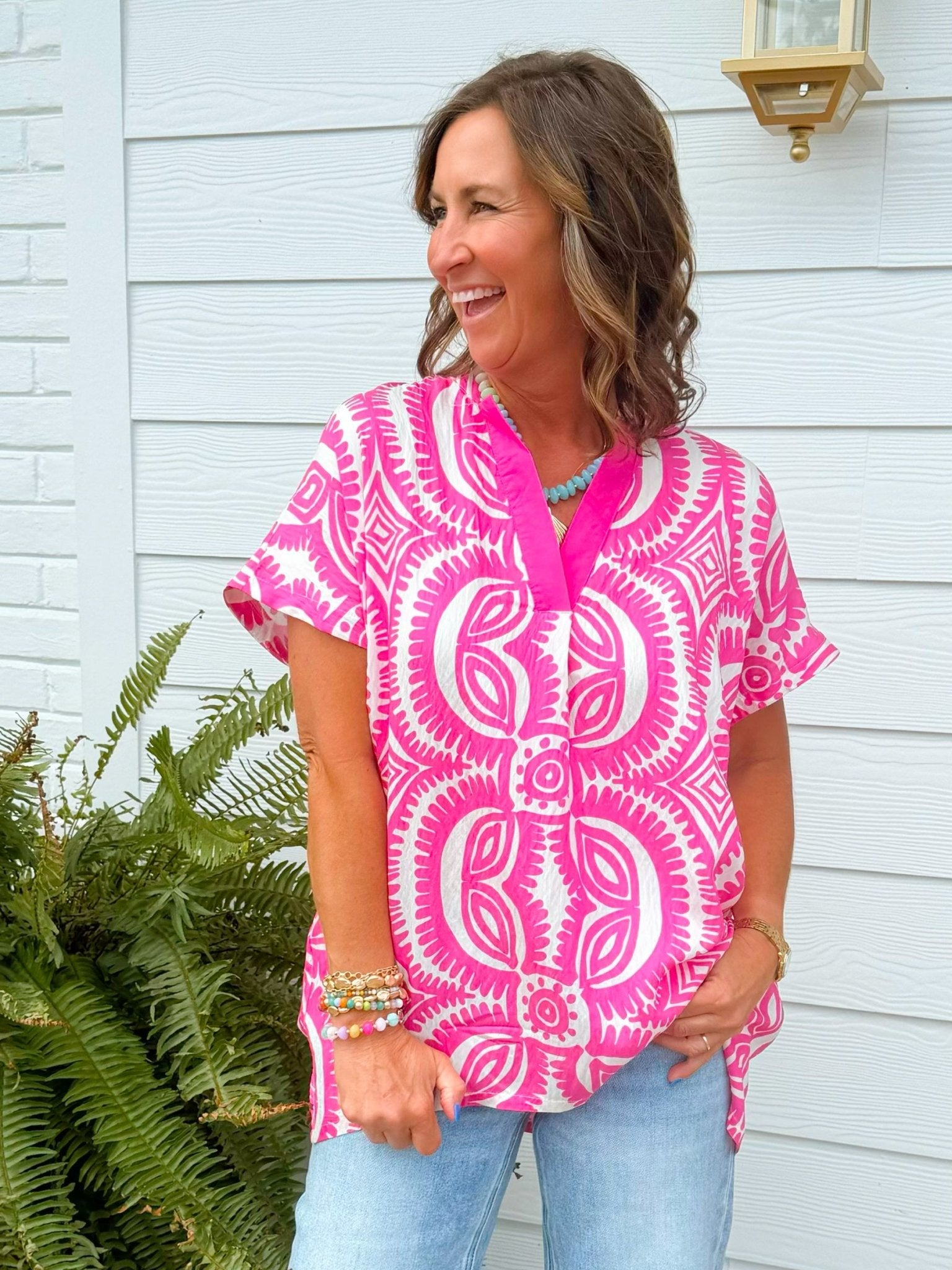 Fuchsia Fiesta Medallion Oversized Top - Jessi Jayne Boutique