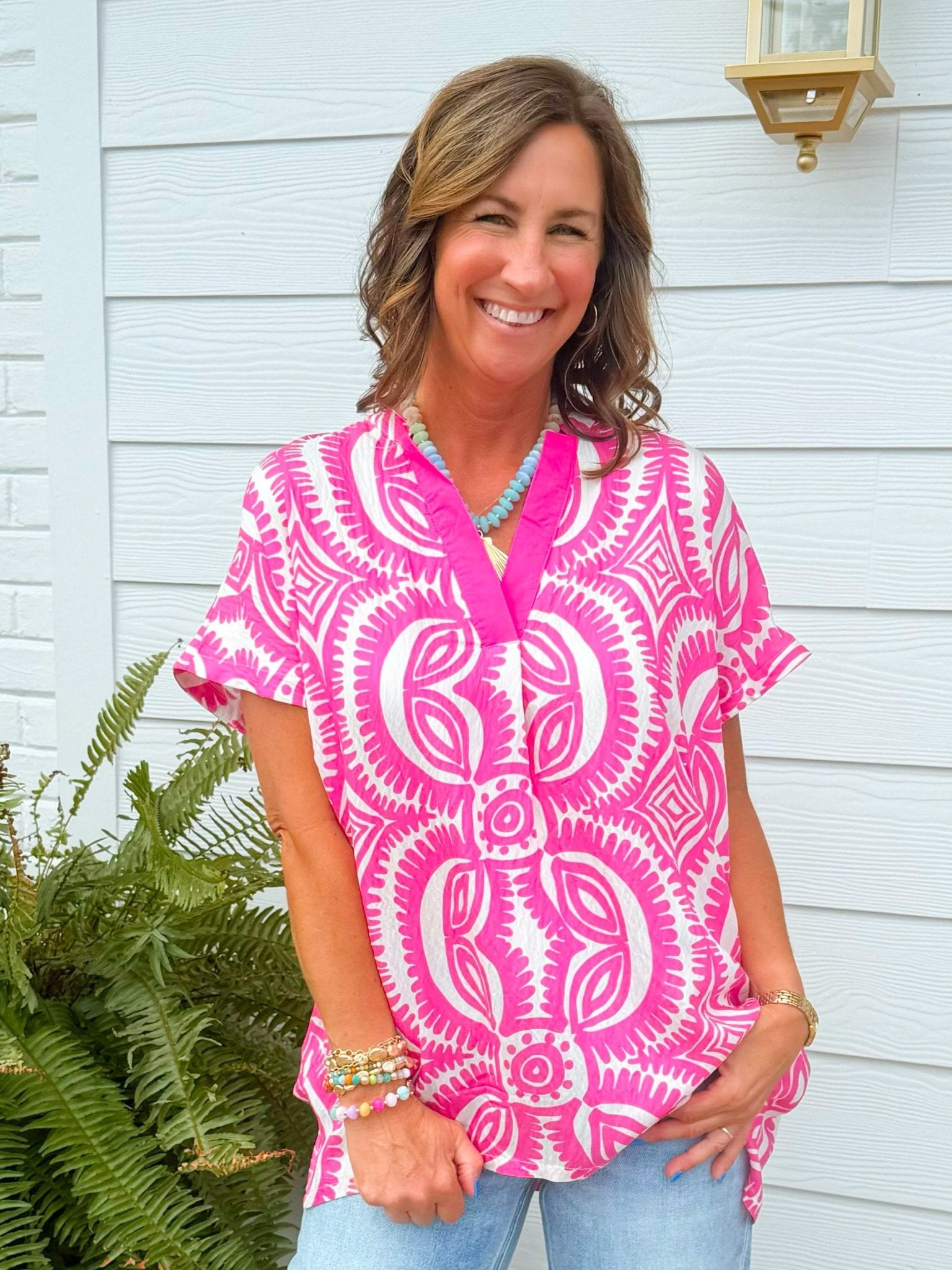 Fuchsia Fiesta Medallion Oversized Top - Jessi Jayne Boutique