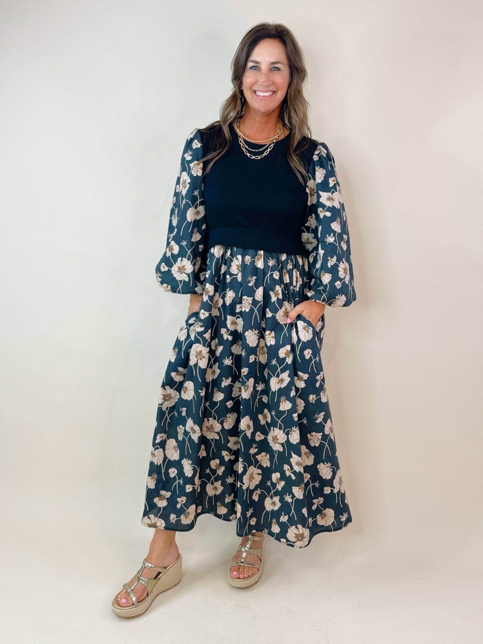 Midnight Meadow Contrast Midi Dress - Jessi Jayne Boutique