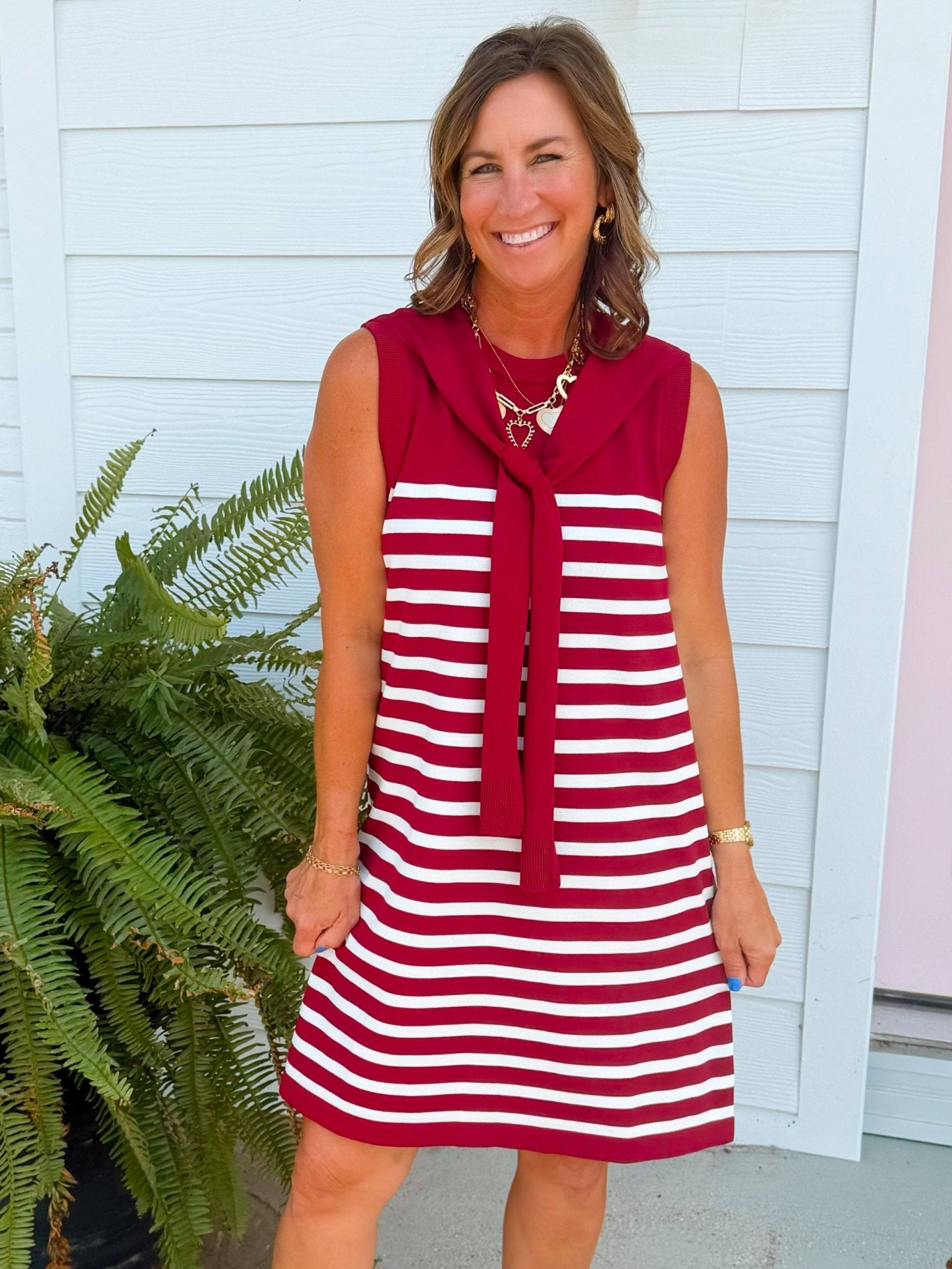 Harbor Lines Scarf Detail Dress Maroon - Jessi Jayne Boutique