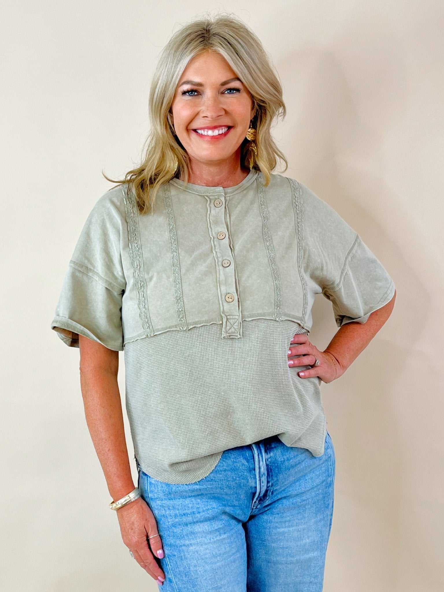 Sage Stitch Detail Short Sleeve Top - Jessi Jayne Boutique