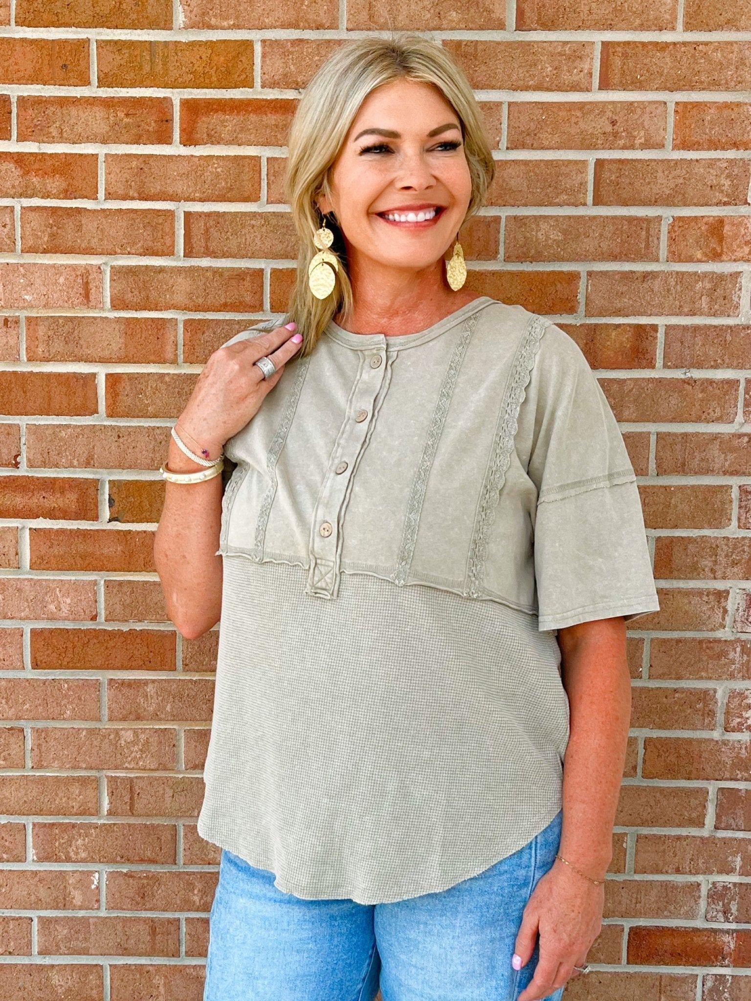 Sage Stitch Detail Short Sleeve Top - Jessi Jayne Boutique