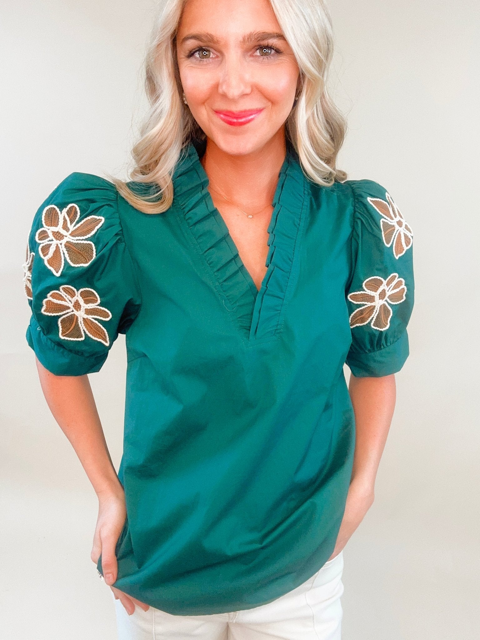 Evergreen Petals Embroidered Top - Jessi Jayne Boutique