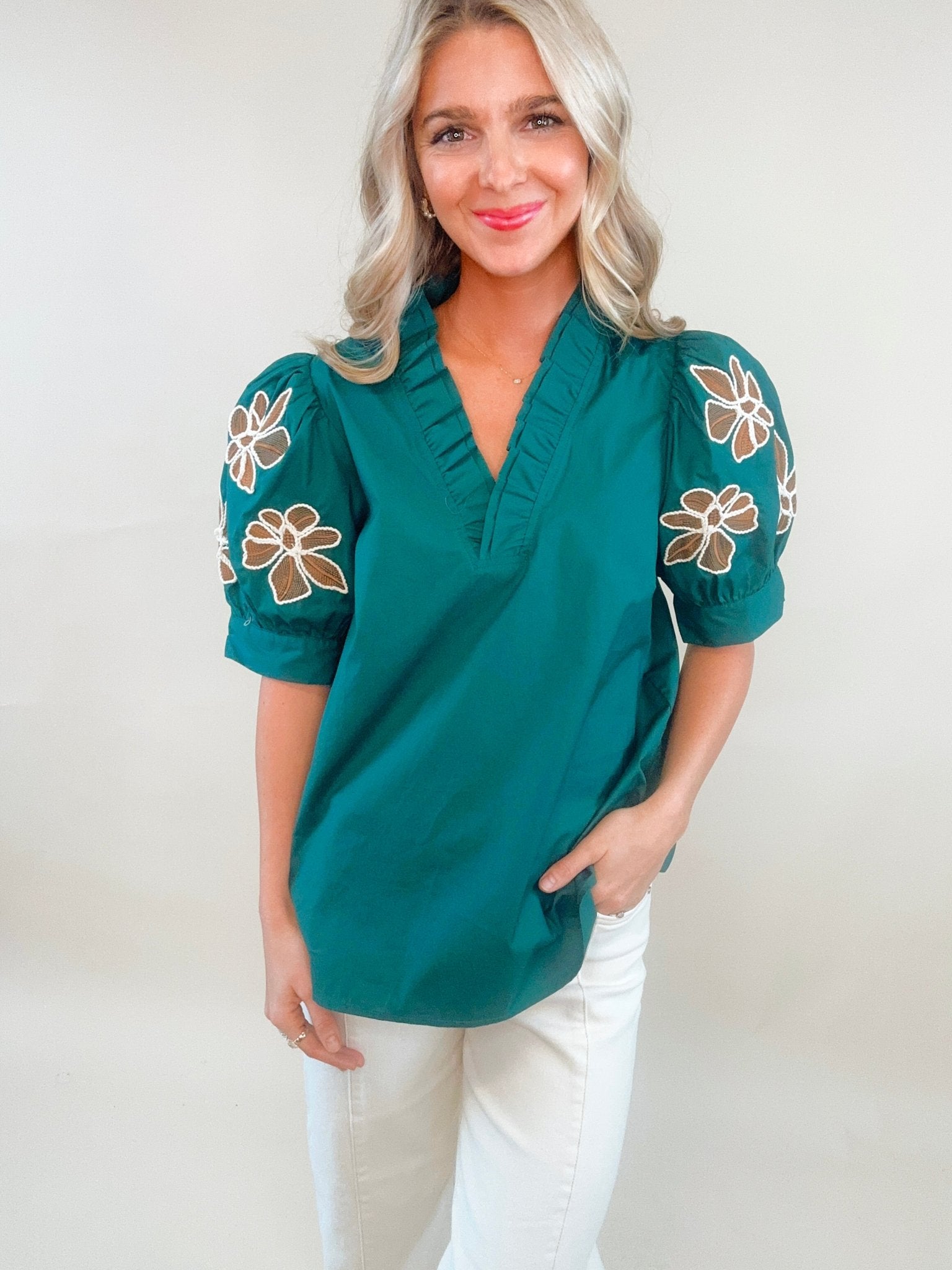 Evergreen Petals Embroidered Top - Jessi Jayne Boutique
