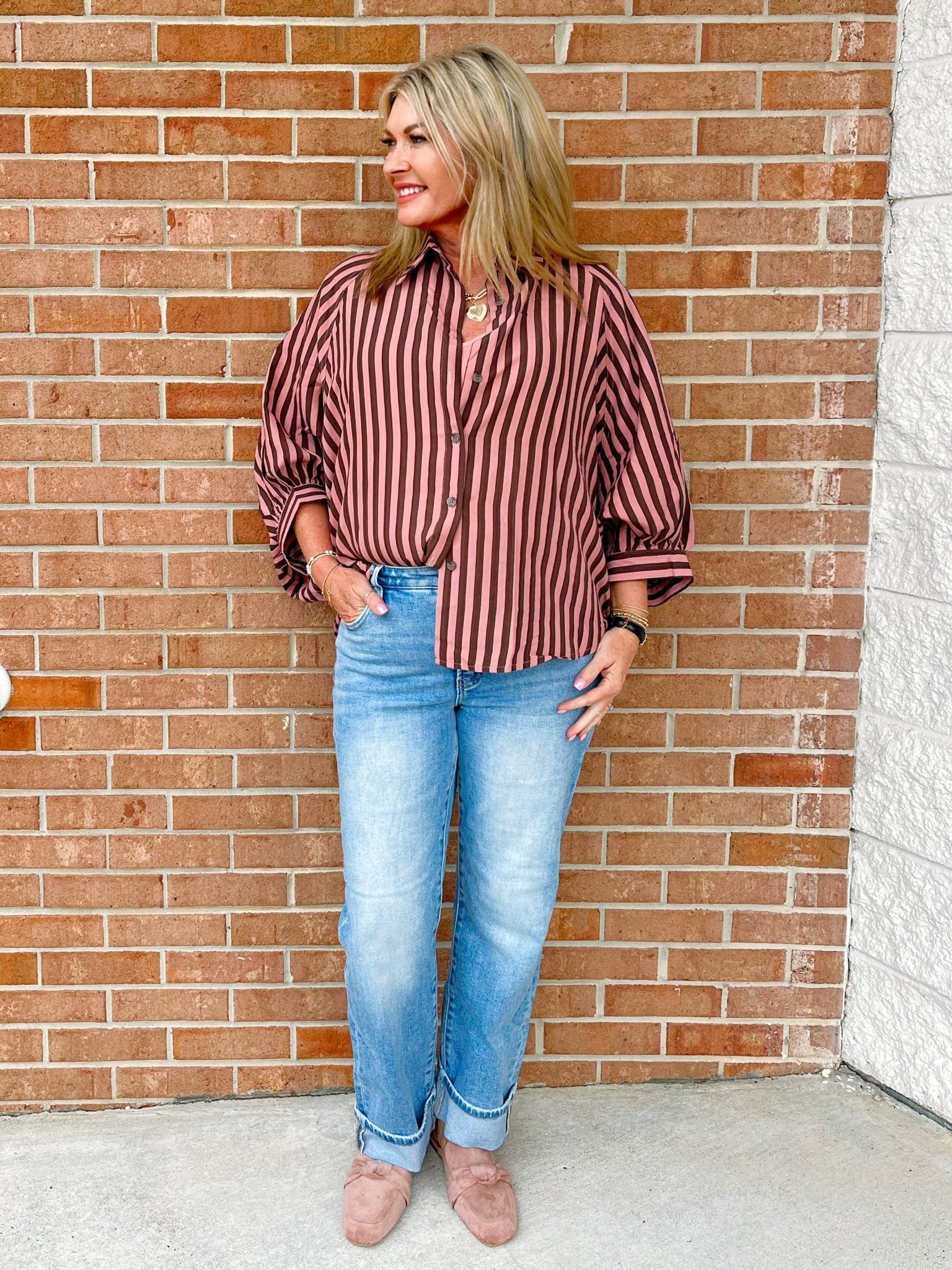 Mocha Mauve Stripe Button Down Top - Jessi Jayne Boutique