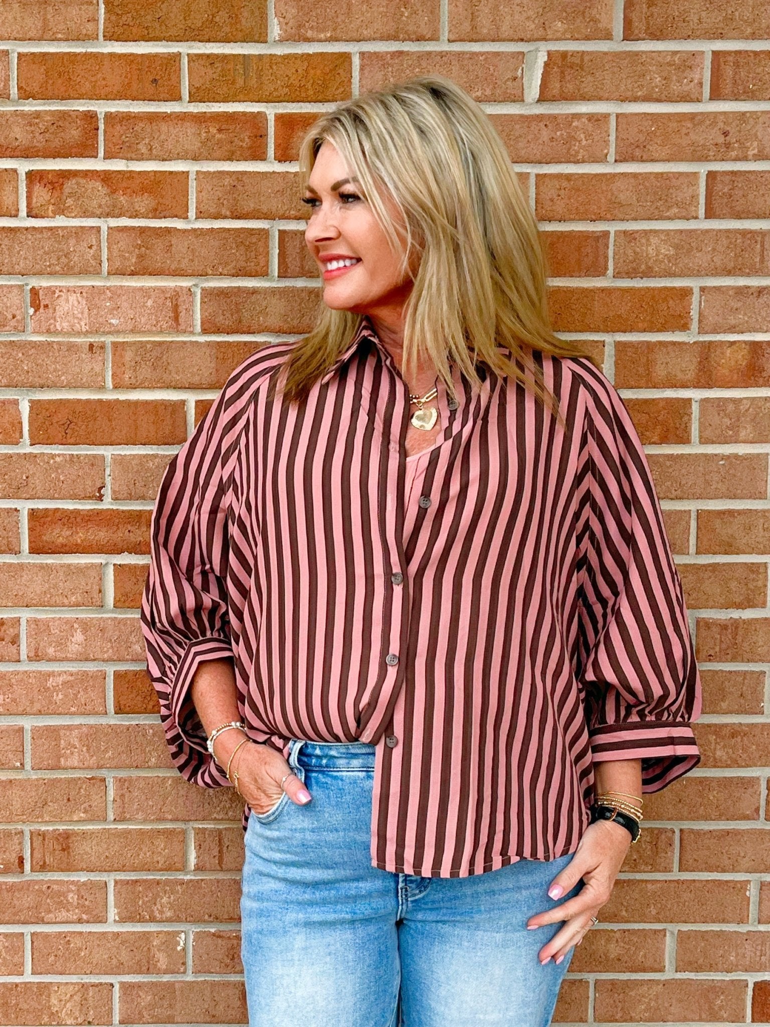 Mocha Mauve Stripe Button Down Top - Jessi Jayne Boutique