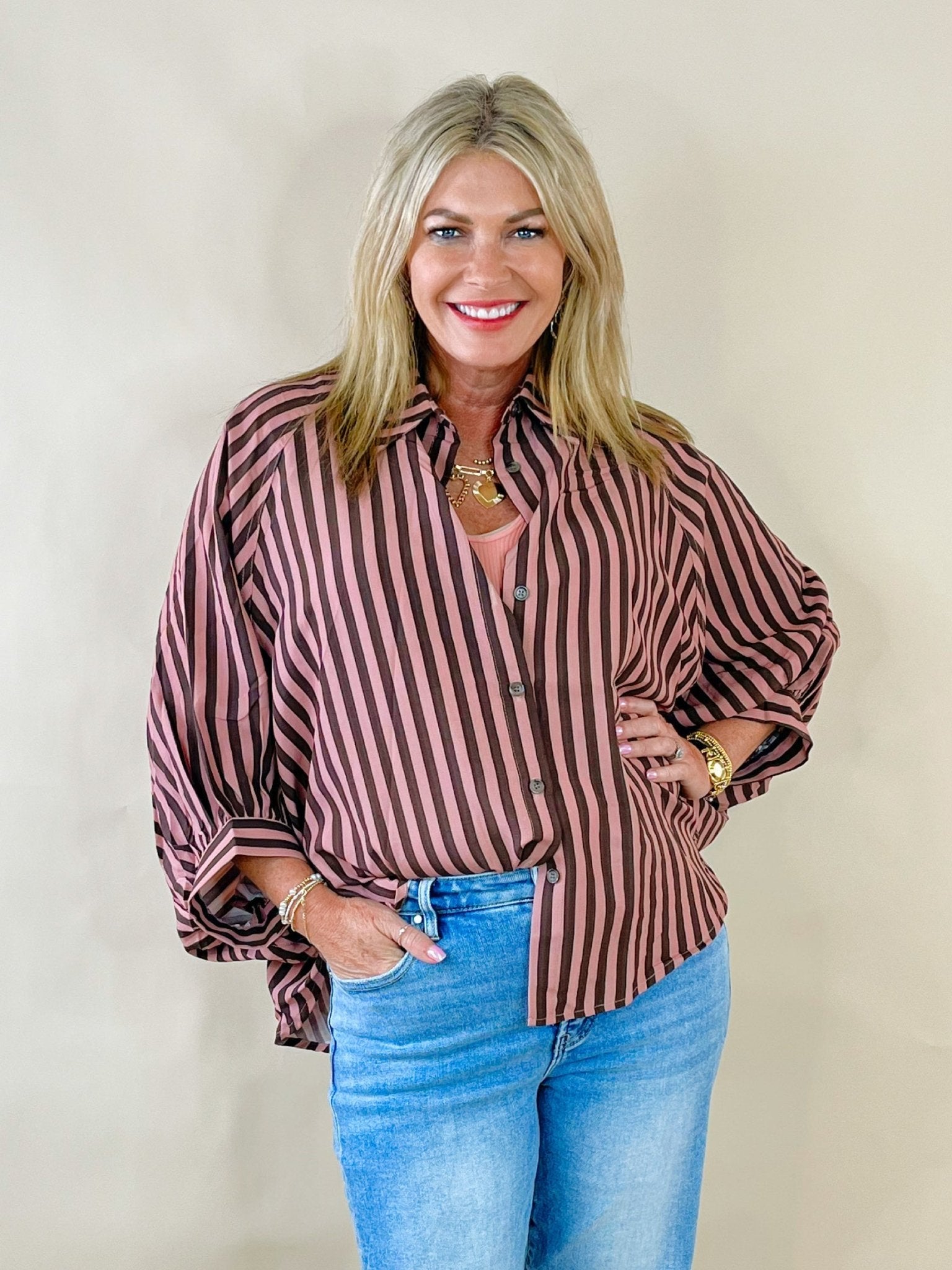 Mocha Mauve Stripe Button Down Top - Jessi Jayne Boutique