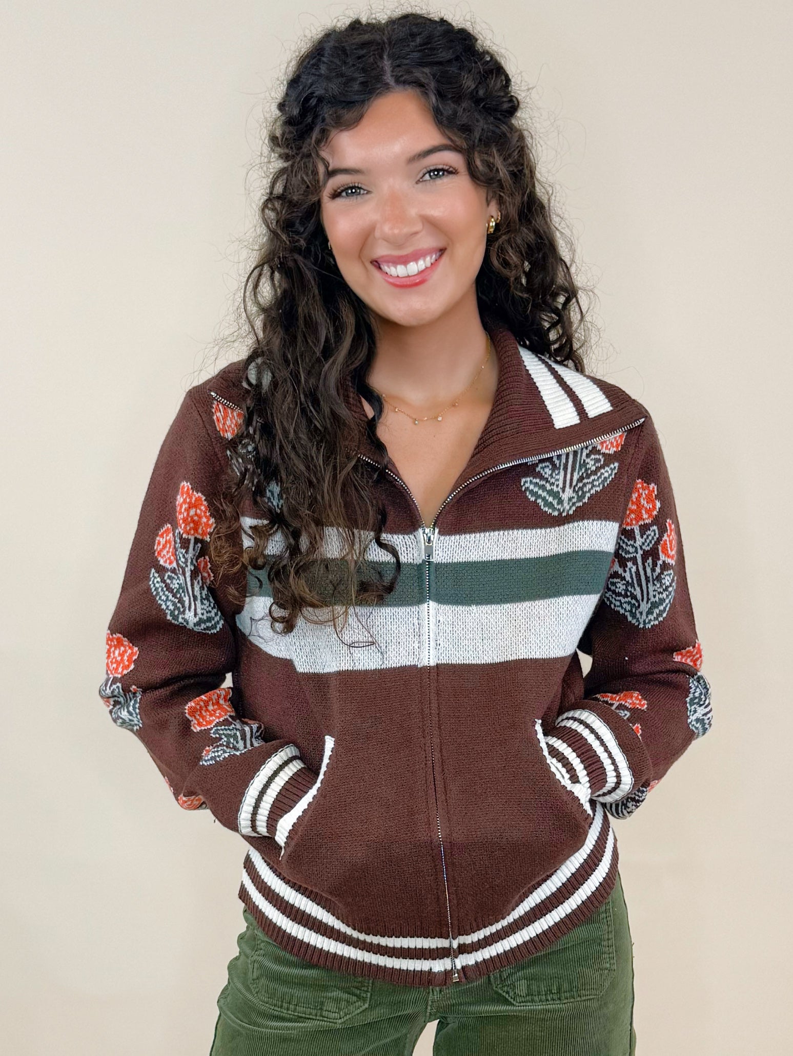 Floral Stripe Zip - Up Jacket - Jessi Jayne Boutique