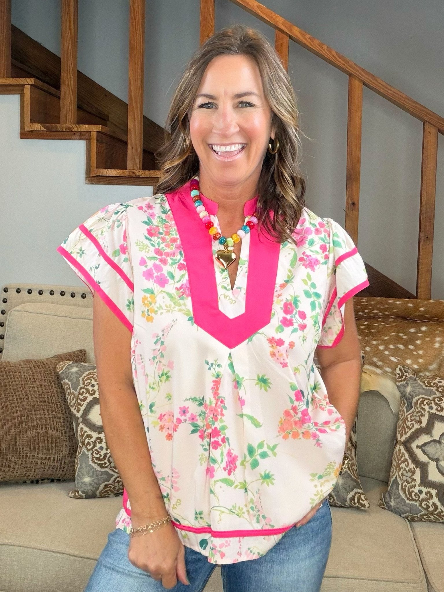 Pink Bloom Piping Top - Jessi Jayne Boutique