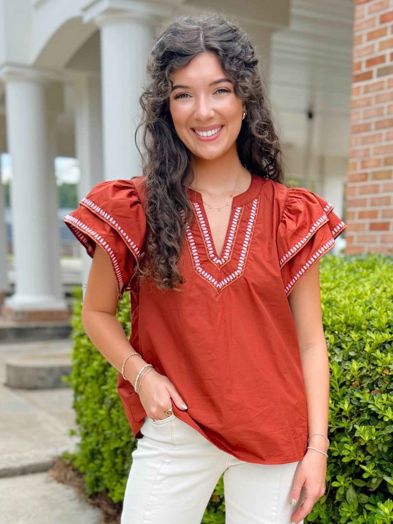 Rust Haven Ruffle Flutter Sleeve Top - Jessi Jayne Boutique