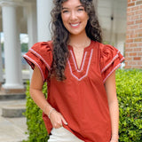 Rust Haven Ruffle Flutter Sleeve Top - Jessi Jayne Boutique