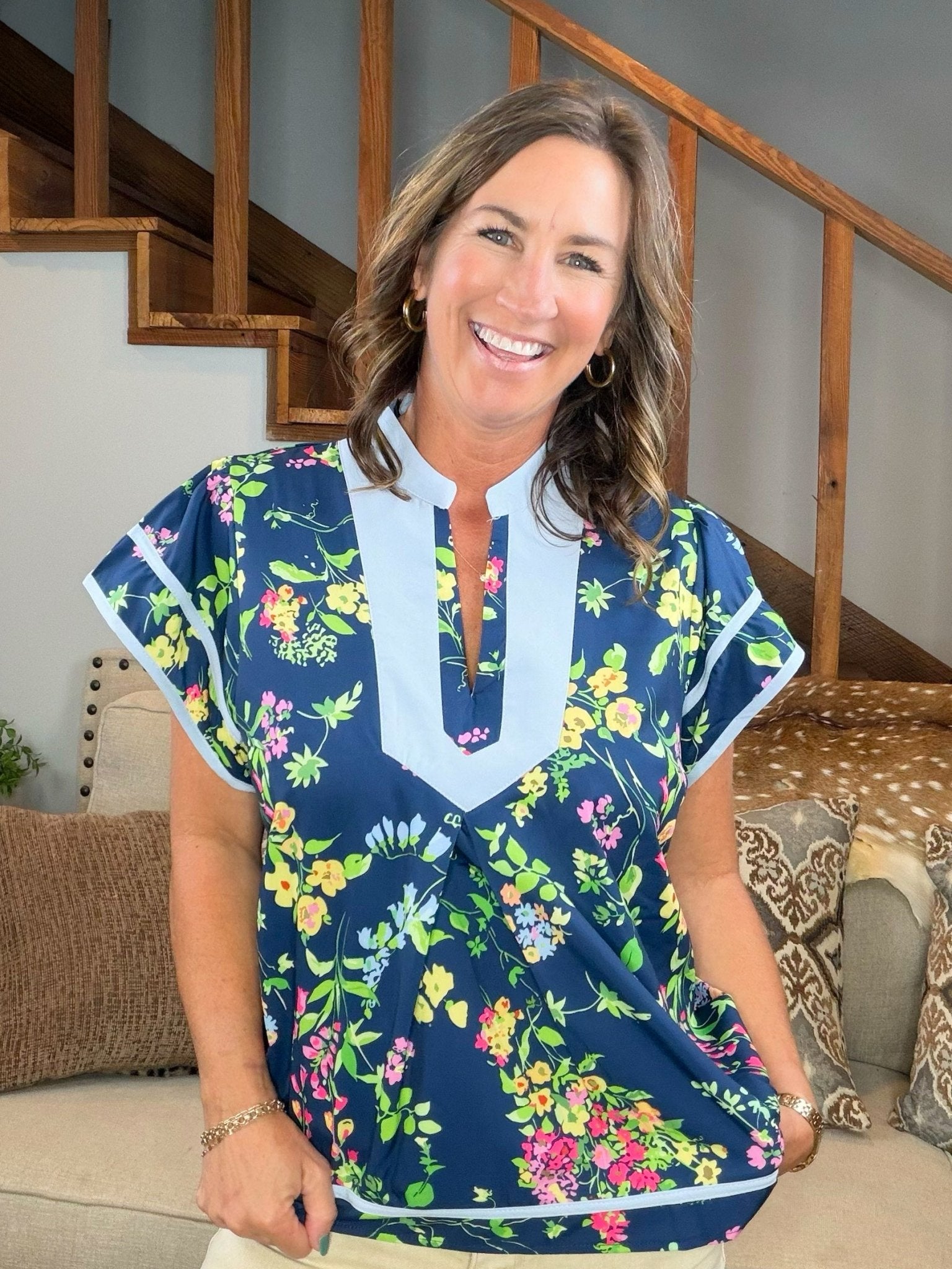 Navy Bloom Piping Top - Jessi Jayne Boutique