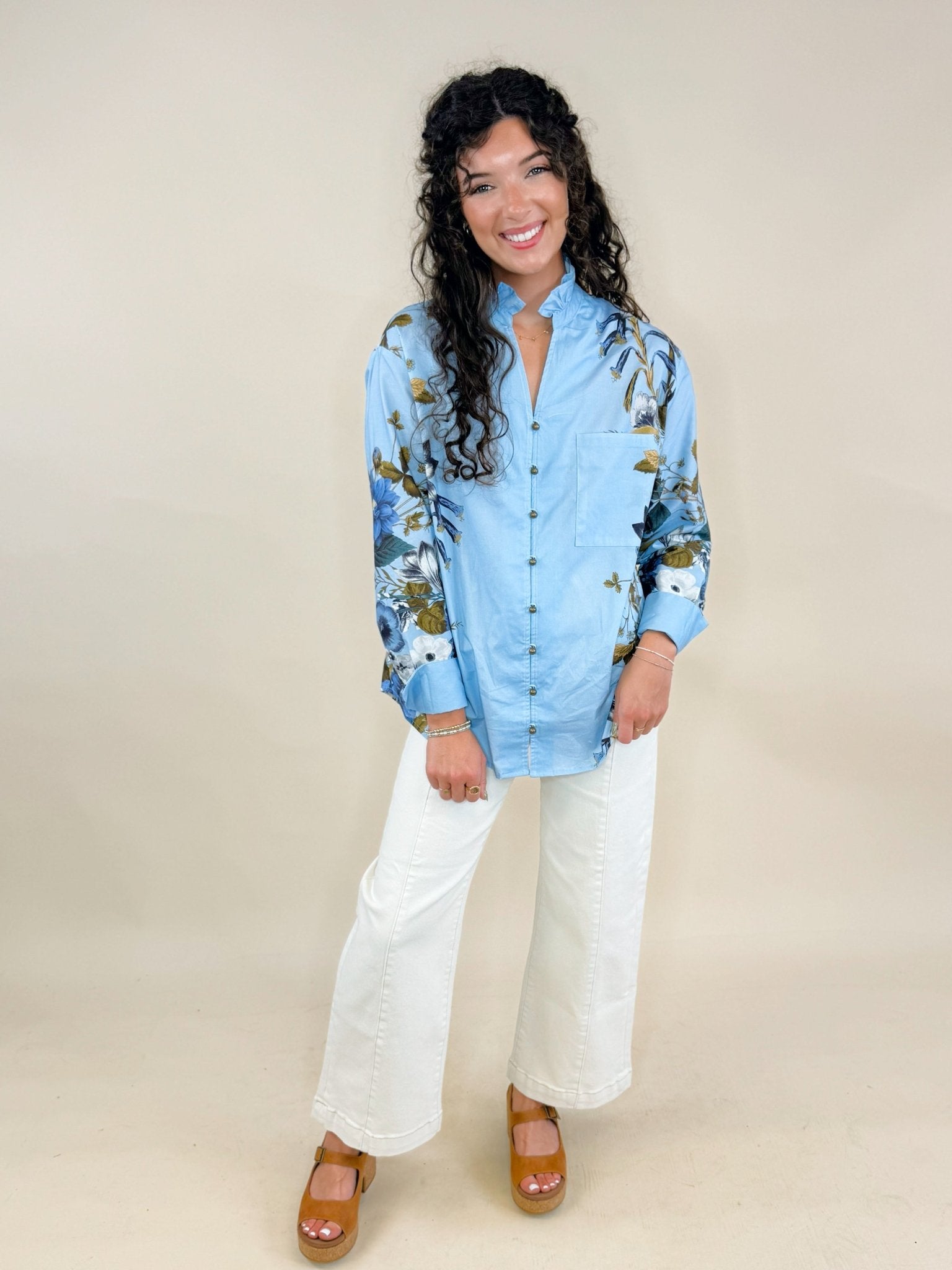 Bloom Grace Floral Ruffle Neck Button Top - Jessi Jayne Boutique