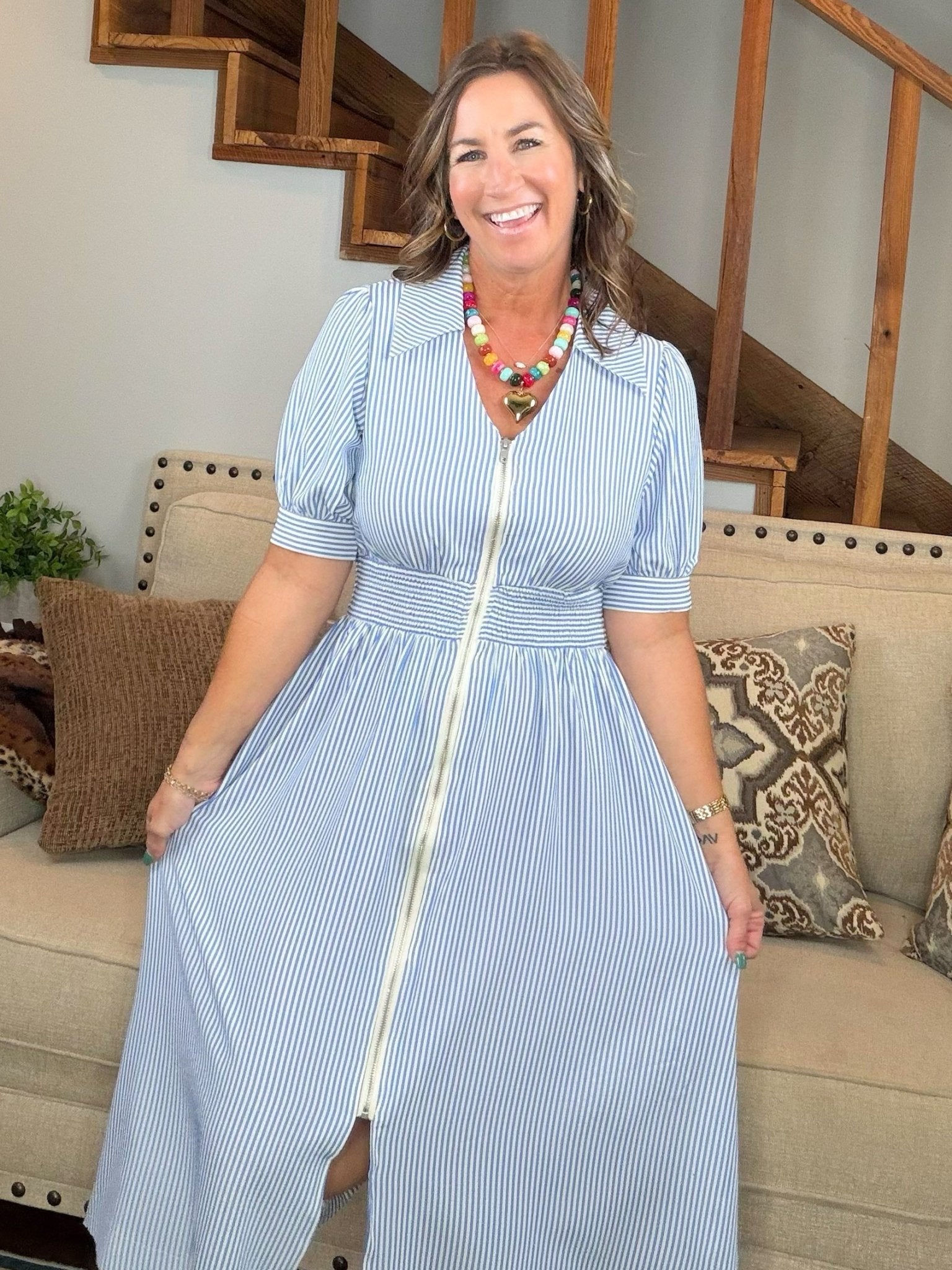 Uptown Stripe Blue Zip Midi Dress - Jessi Jayne Boutique