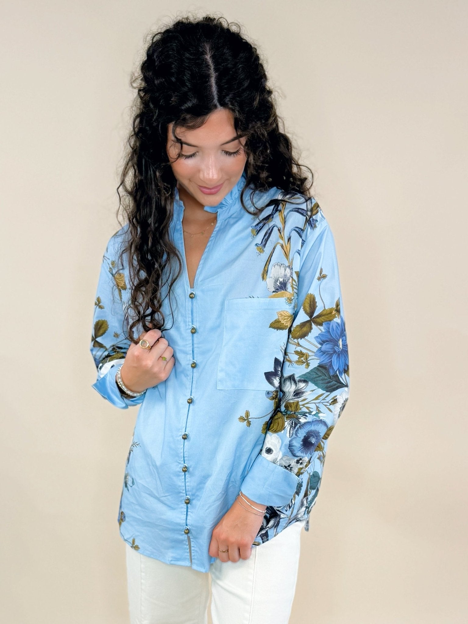 Bloom Grace Floral Ruffle Neck Button Top - Jessi Jayne Boutique