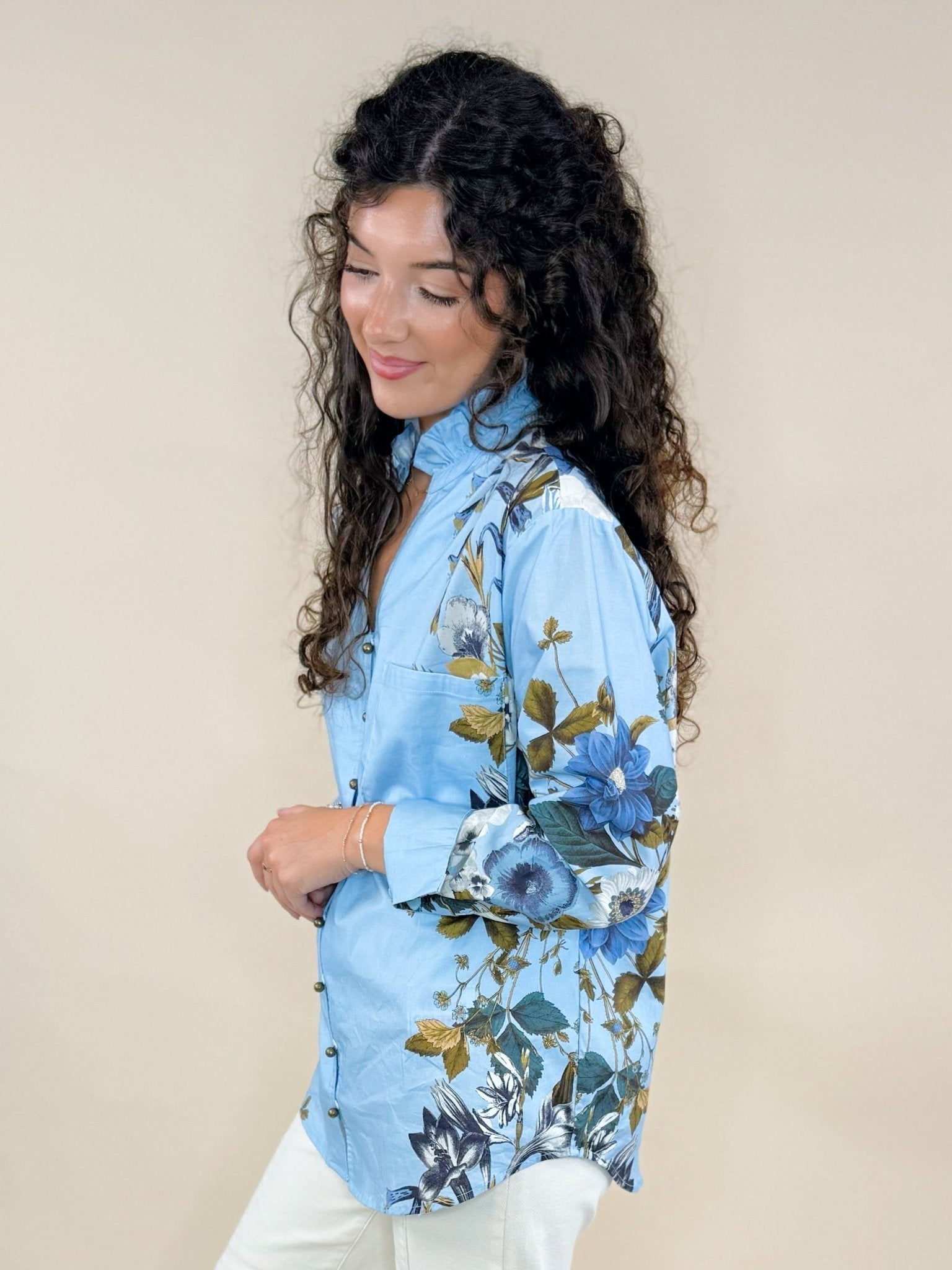 Bloom Grace Floral Ruffle Neck Button Top - Jessi Jayne Boutique
