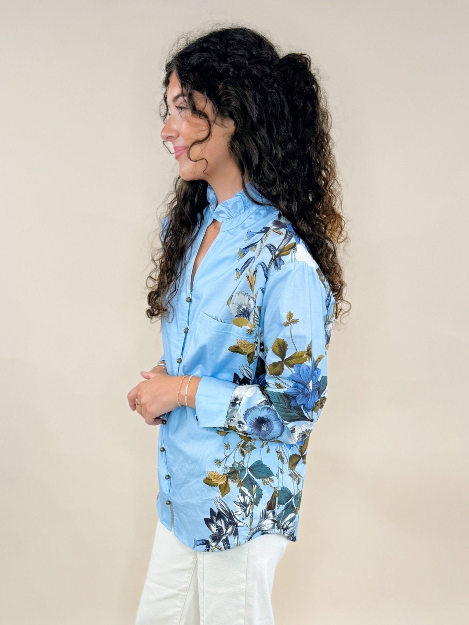 Bloom Grace Floral Ruffle Neck Button Top - Jessi Jayne Boutique